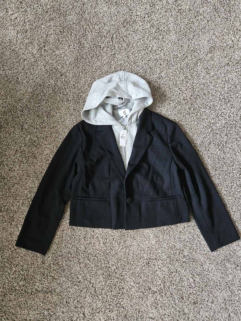 Lou and Grey Women's Black Blazer with Gray Hooded Insert Casual Tailored Jacket